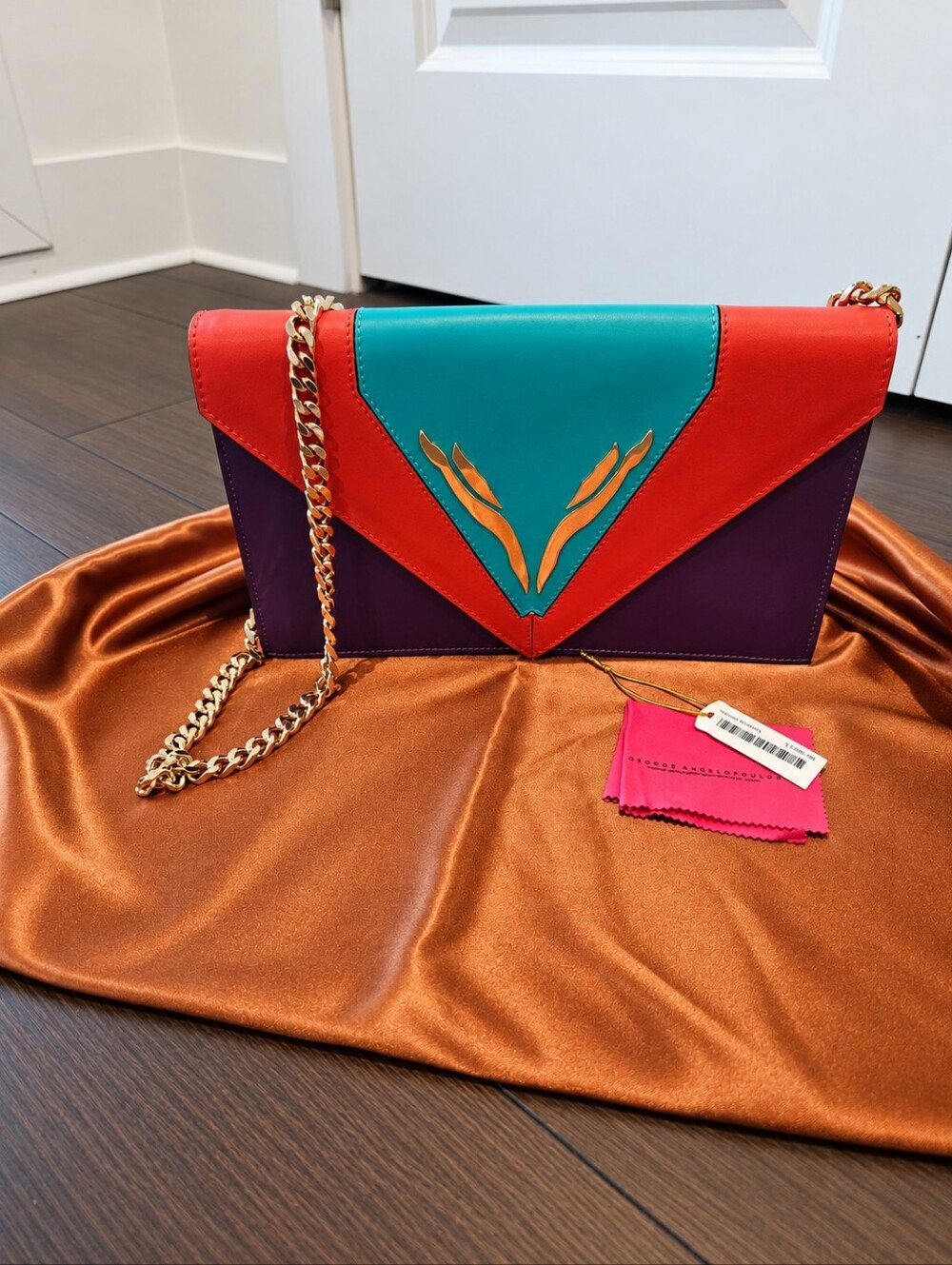 George Angelopoulos Ruthie $1365 Italian Leather Colorblock Chain Bag